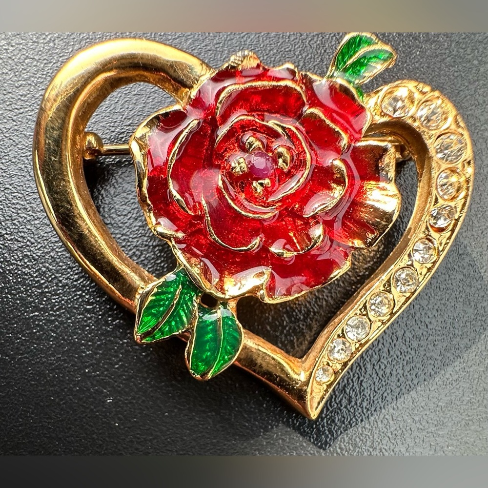 Vintage Enamel Red Rose With Clear Rhinestones Brooch